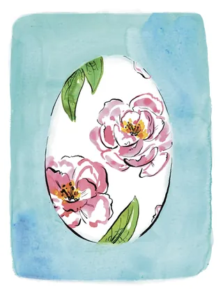 Watercolor egg with pink flowers and green leaves on blue background