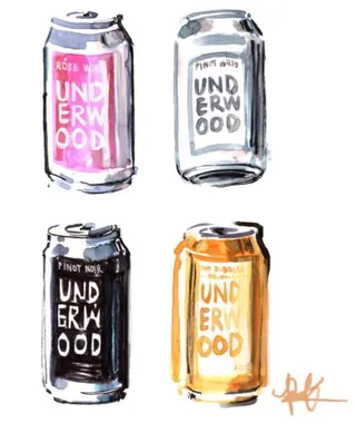 Illustration of four Underwood wine cans in rose, white, red, and orange colors.