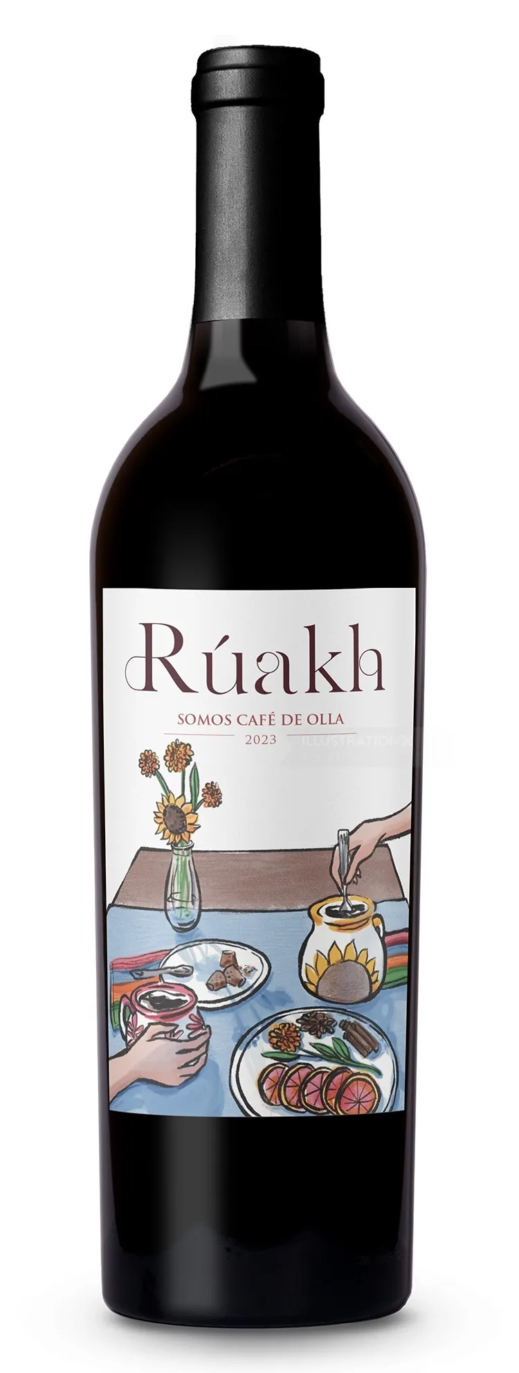 Ruánk-Weinflasche mit Etikett, das eine Illustration von Speisen und Getränken zeigt