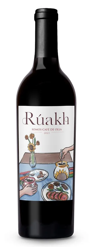 Ruánk wine bottle with label featuring food and drink illustration