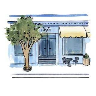 Watercolor of cafe front with tree, chairs, and awning by Briana Kranz