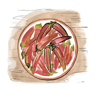 Illustration of a plate with red chili peppers by Briana Kranz