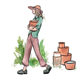 Illustration of a woman carrying a plant pot with stacked pots nearby by Briana Kranz