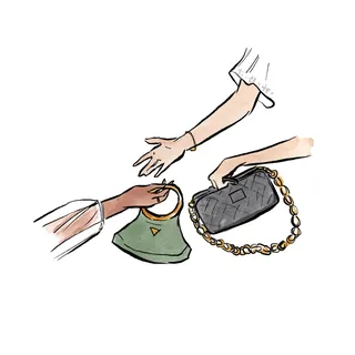 Two hands exchanging designer handbags by Briana Kranz