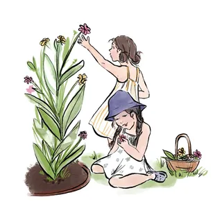 Children picking flowers in garden by Briana Kranz