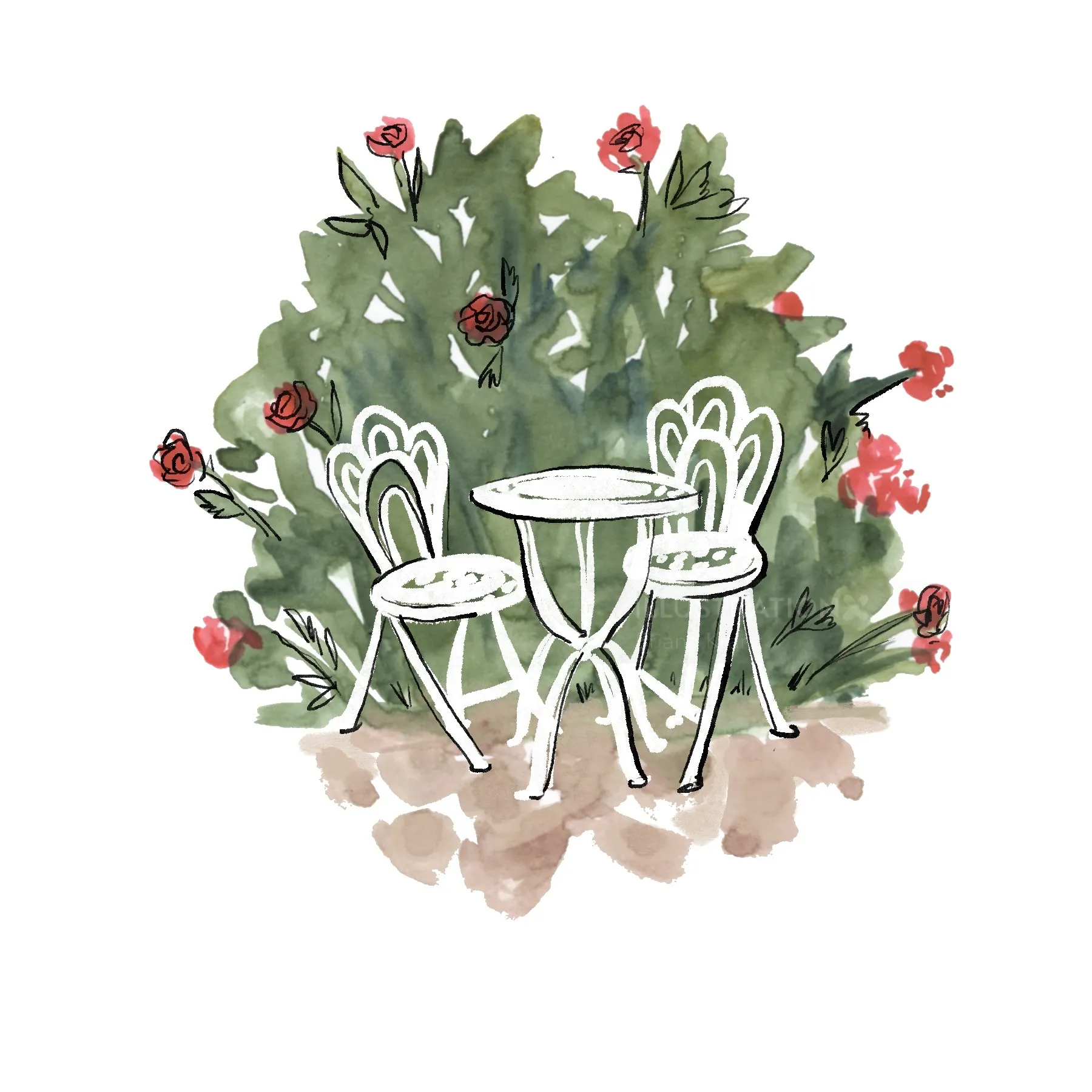 White bistro table and two chairs set amidst green bushes with red flowers by Briana Kranz