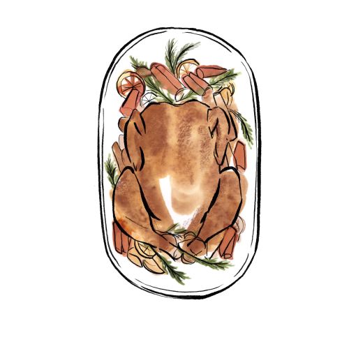 Illustration of a roast turkey with carrots and herbs by Briana Kranz