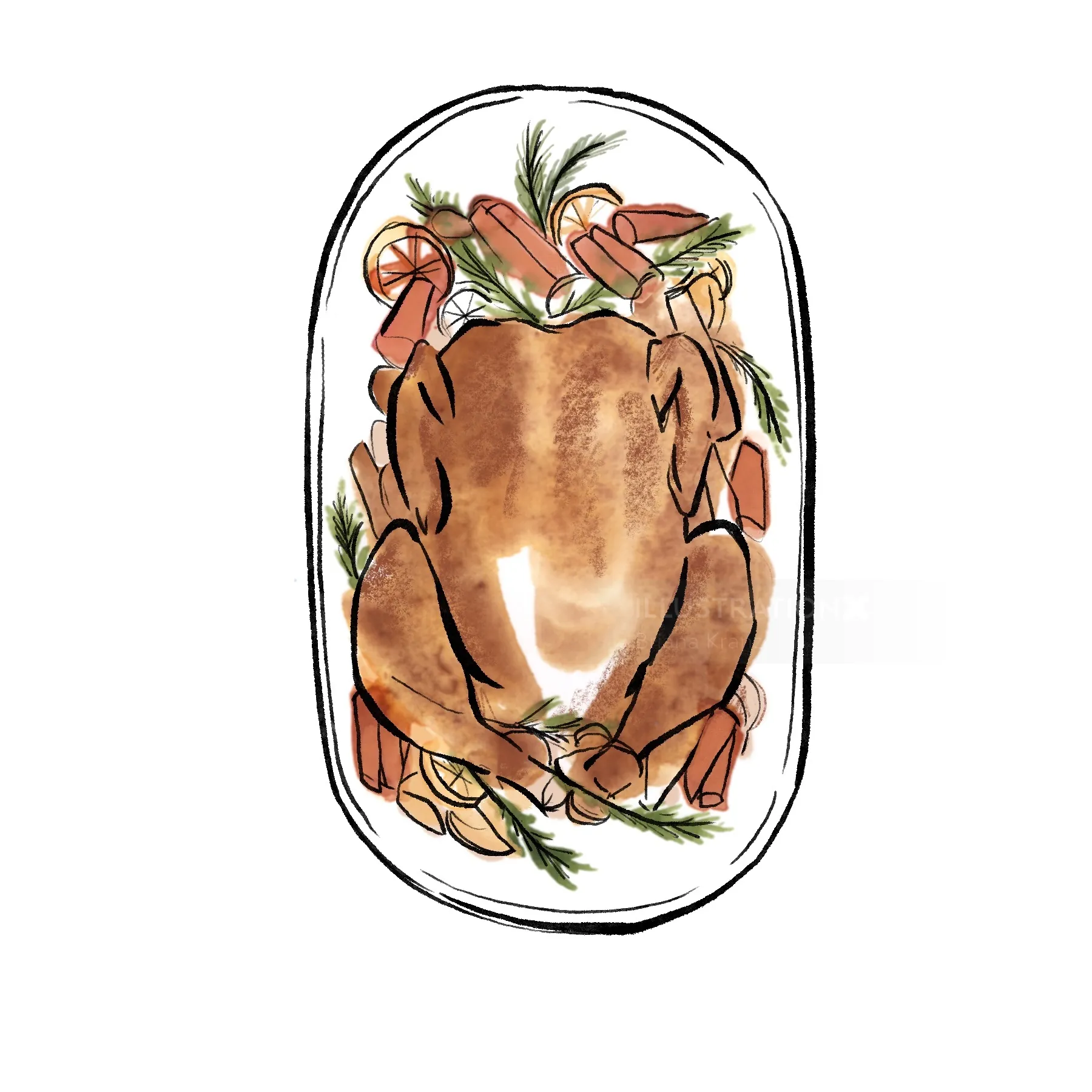 Illustration of a roast turkey with carrots and herbs by Briana Kranz