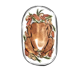 Illustration of a roast turkey with carrots and herbs by Briana Kranz