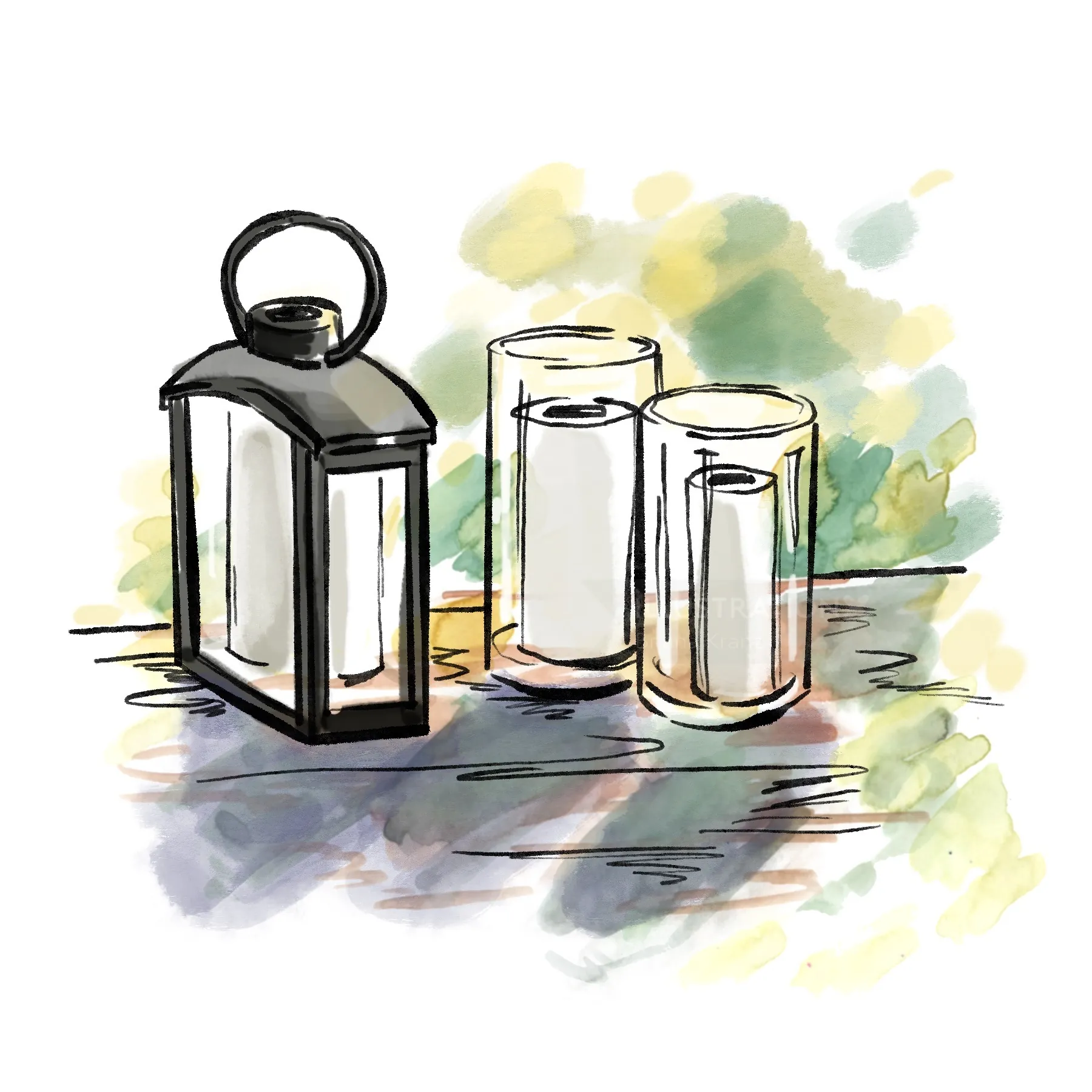 Watercolor lantern and two glasses on table by Briana Kranz