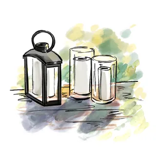 Watercolor lantern and two glasses on table by Briana Kranz