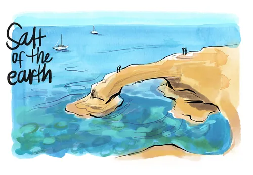 Watercolor coastal cliff with ocean and boats by Briana Kranz