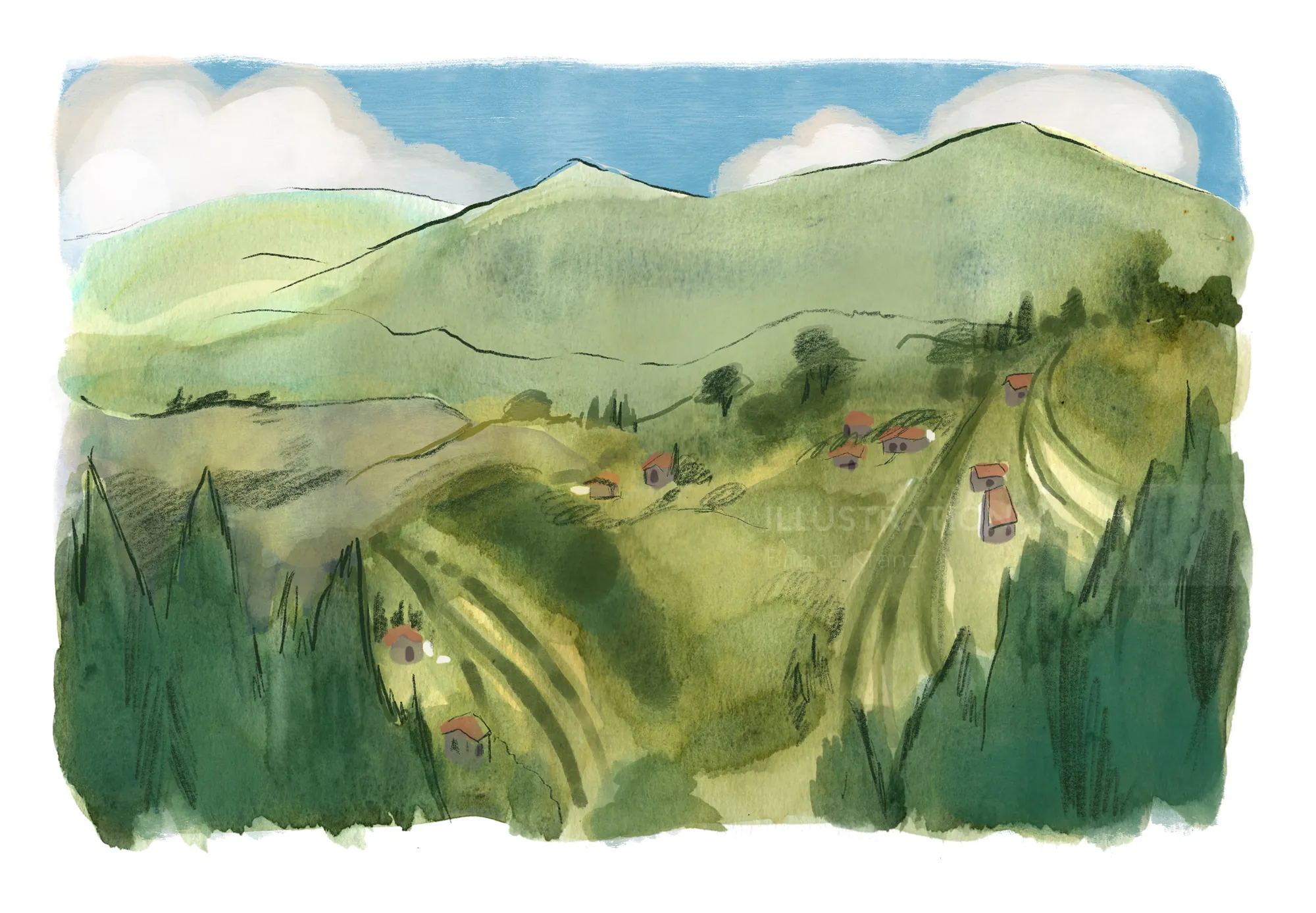 緑の山々と田園風景を描いた水彩画（作者：Briana Kranz）
