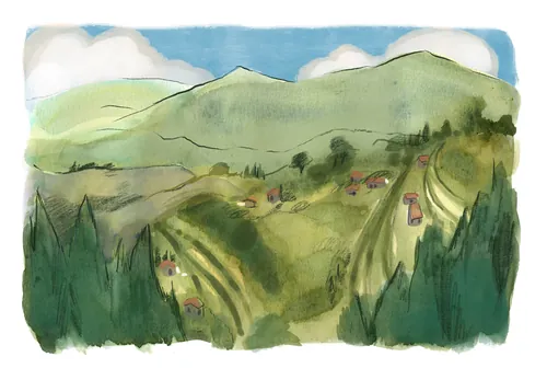 Watercolor landscape of green mountains and rural fields by Briana Kranz