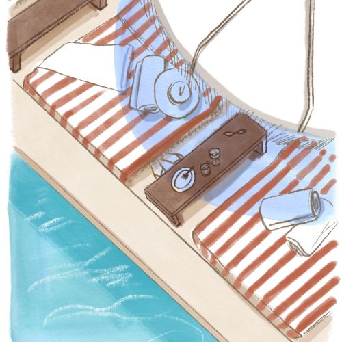 Poolside lounge chairs with towels and tray by the water, illustration by Briana Kranz