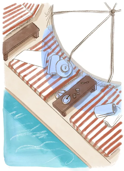 Poolside lounge chairs with towels and tray by the water, illustration by Briana Kranz