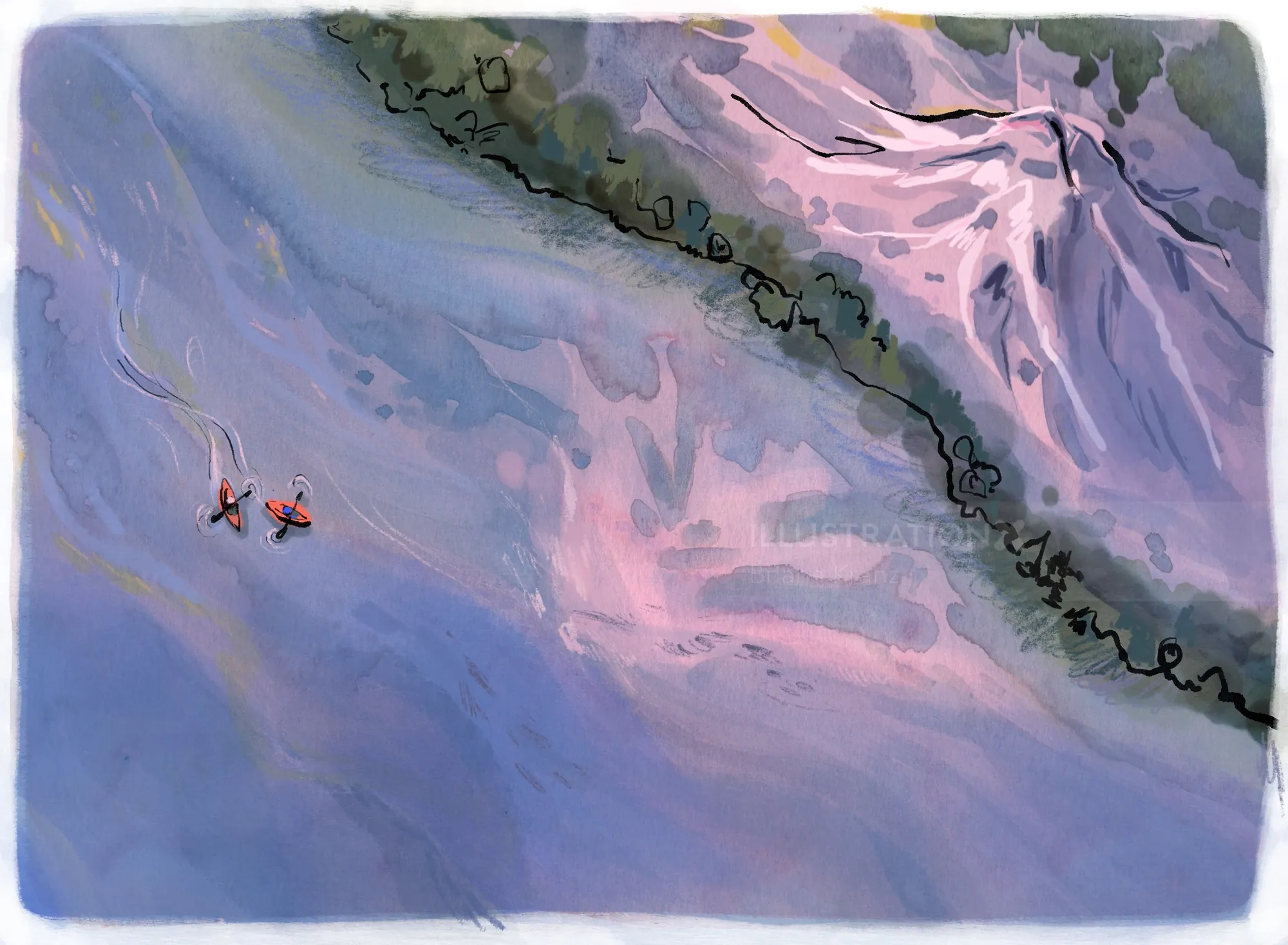 Artistic aerial view of kayakers on scenic river