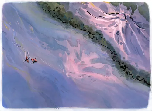 Artistic aerial view of kayakers on scenic river