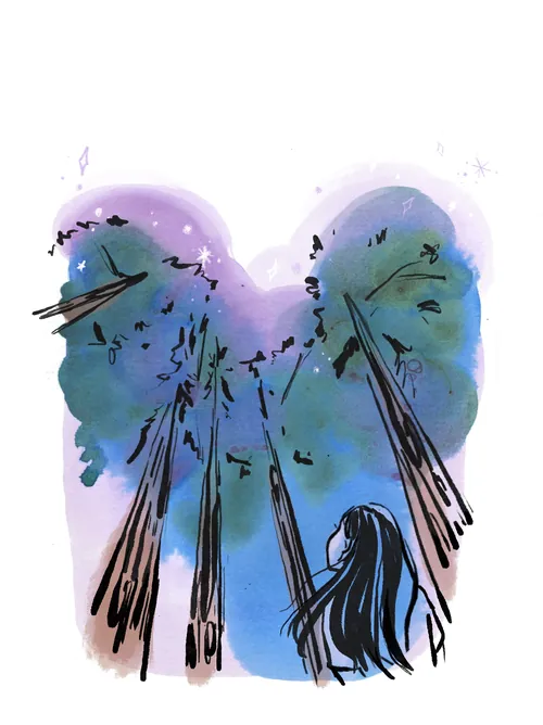 Woman looking up at starry night sky with tall trees by Briana Kranz