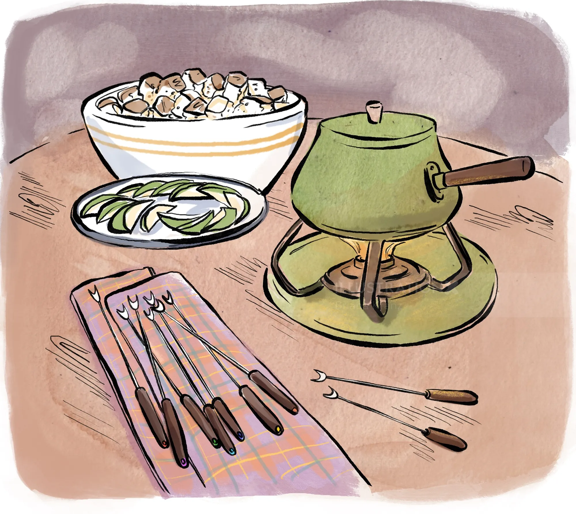 Fondue pot, marshmallows, apple slices, and forks by Briana Kranz