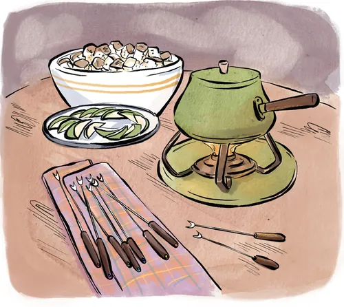 Fondue pot, marshmallows, apple slices, and forks by Briana Kranz
