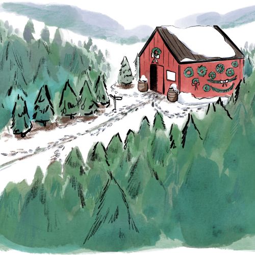 Winter landscape with a red barn and snow-covered trees by Briana Kranz
