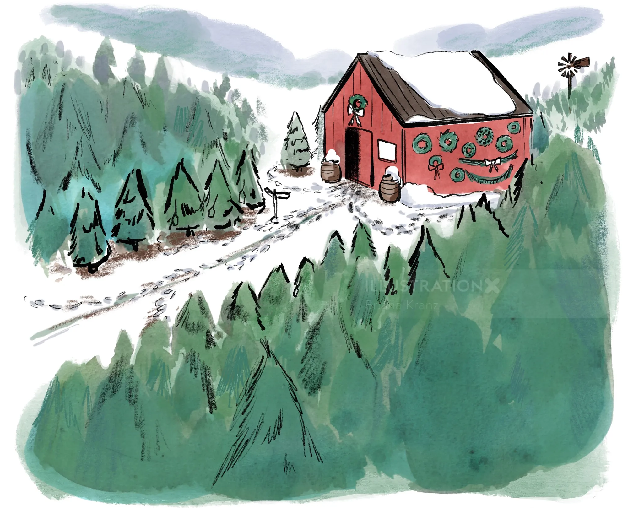 Winter landscape with a red barn and snow-covered trees by Briana Kranz