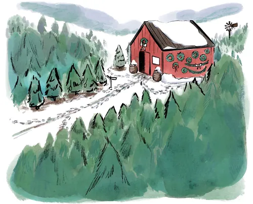 Winter landscape with a red barn and snow-covered trees by Briana Kranz