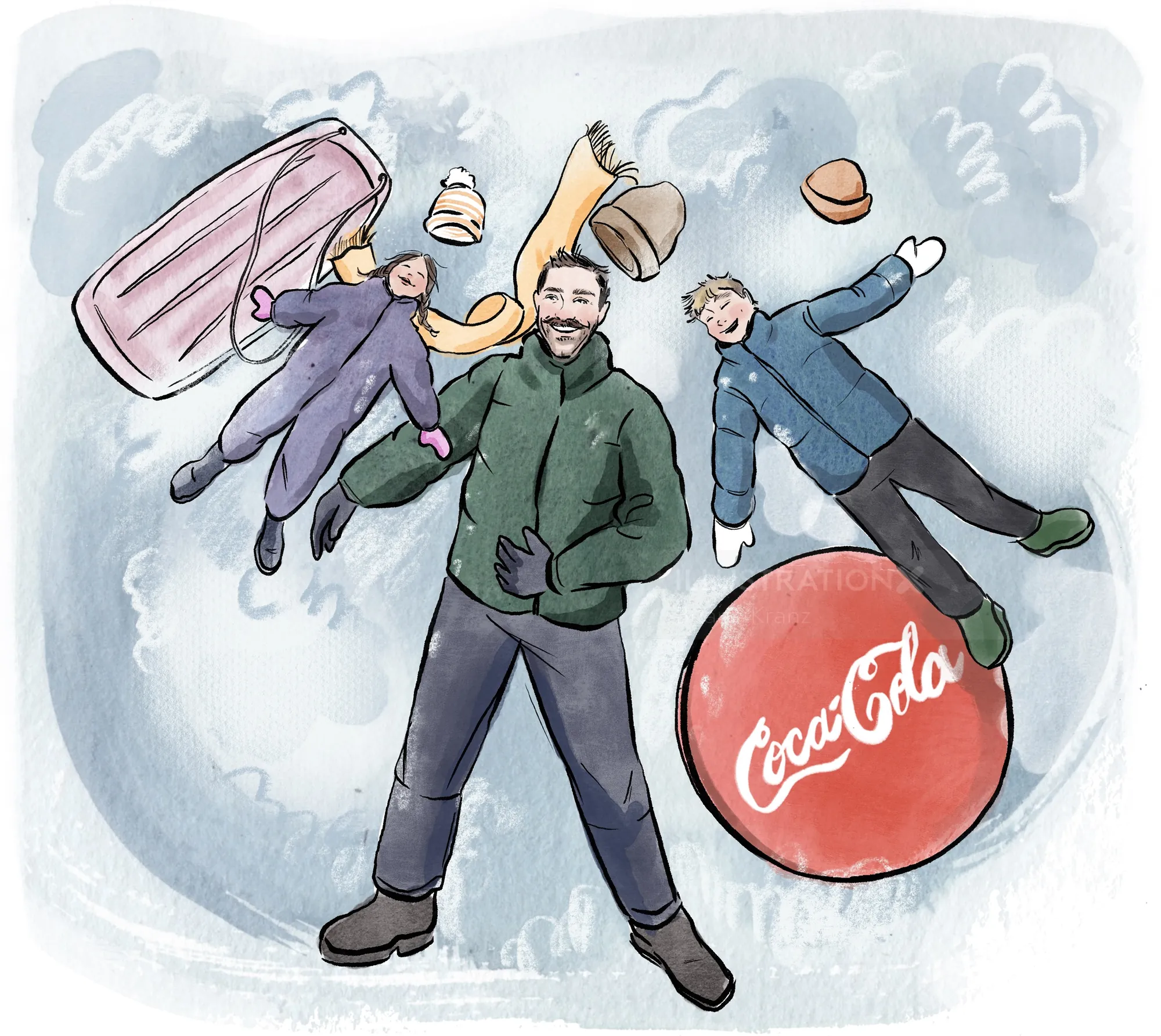 Three people dressed for winter float near a Coca-Cola logo in icy surroundings by Briana Kranz