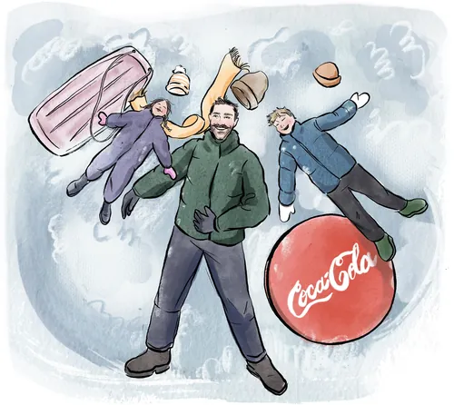 Three people dressed for winter float near a Coca-Cola logo in icy surroundings by Briana Kranz