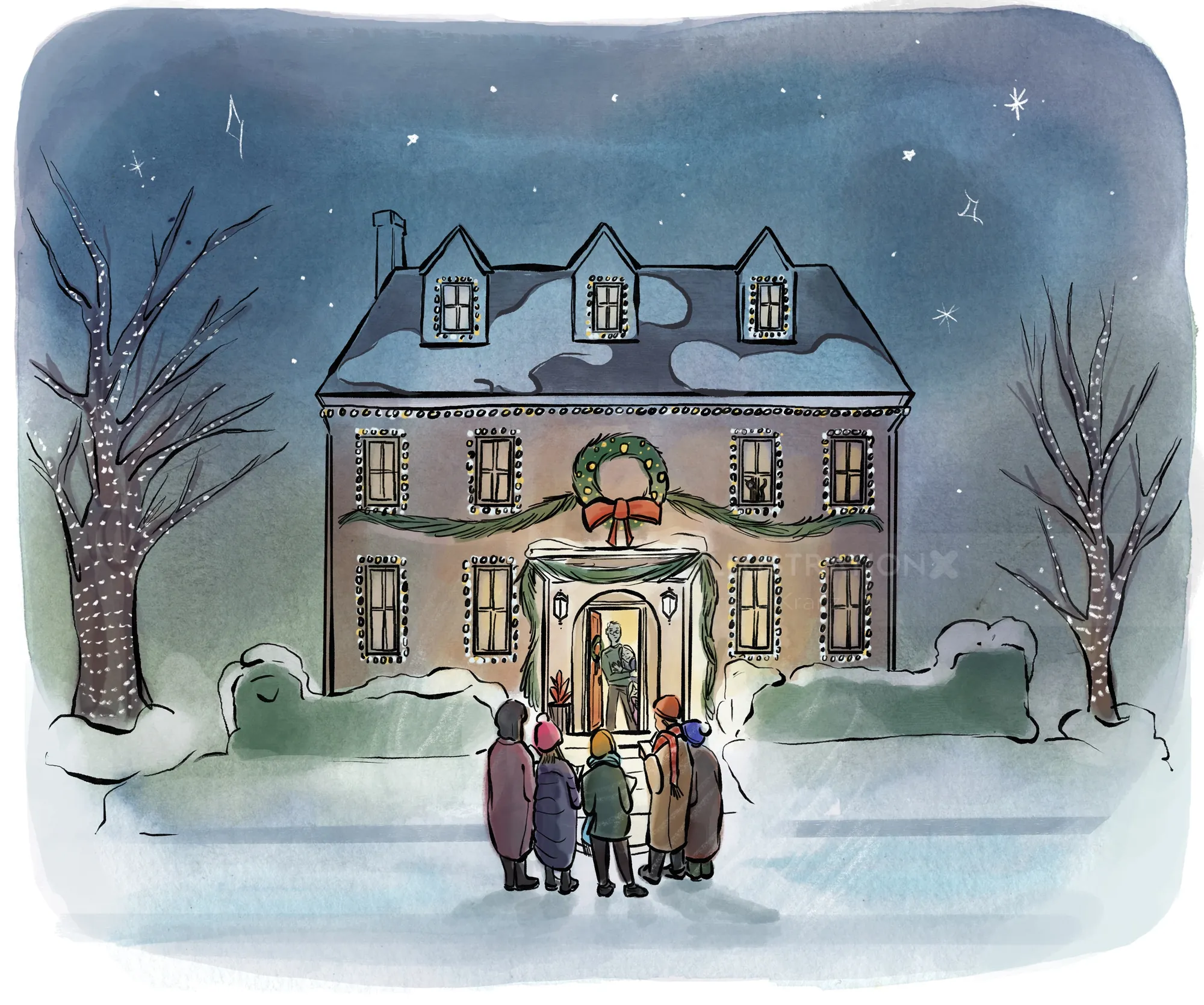 People gathered outside a decorated mansion in snowy winter night by Briana Kranz