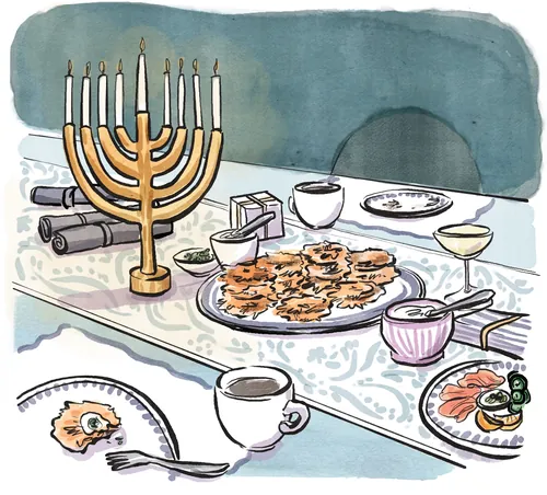 Hanukkah menorah and traditional foods on a festive table by Briana Kranz