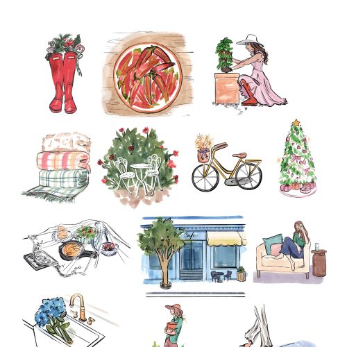 Various garden-inspired illustrations by Briana Kranz, including plants and activities