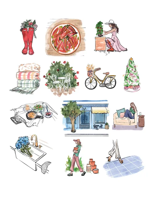 Various garden-inspired illustrations by Briana Kranz, including plants and activities