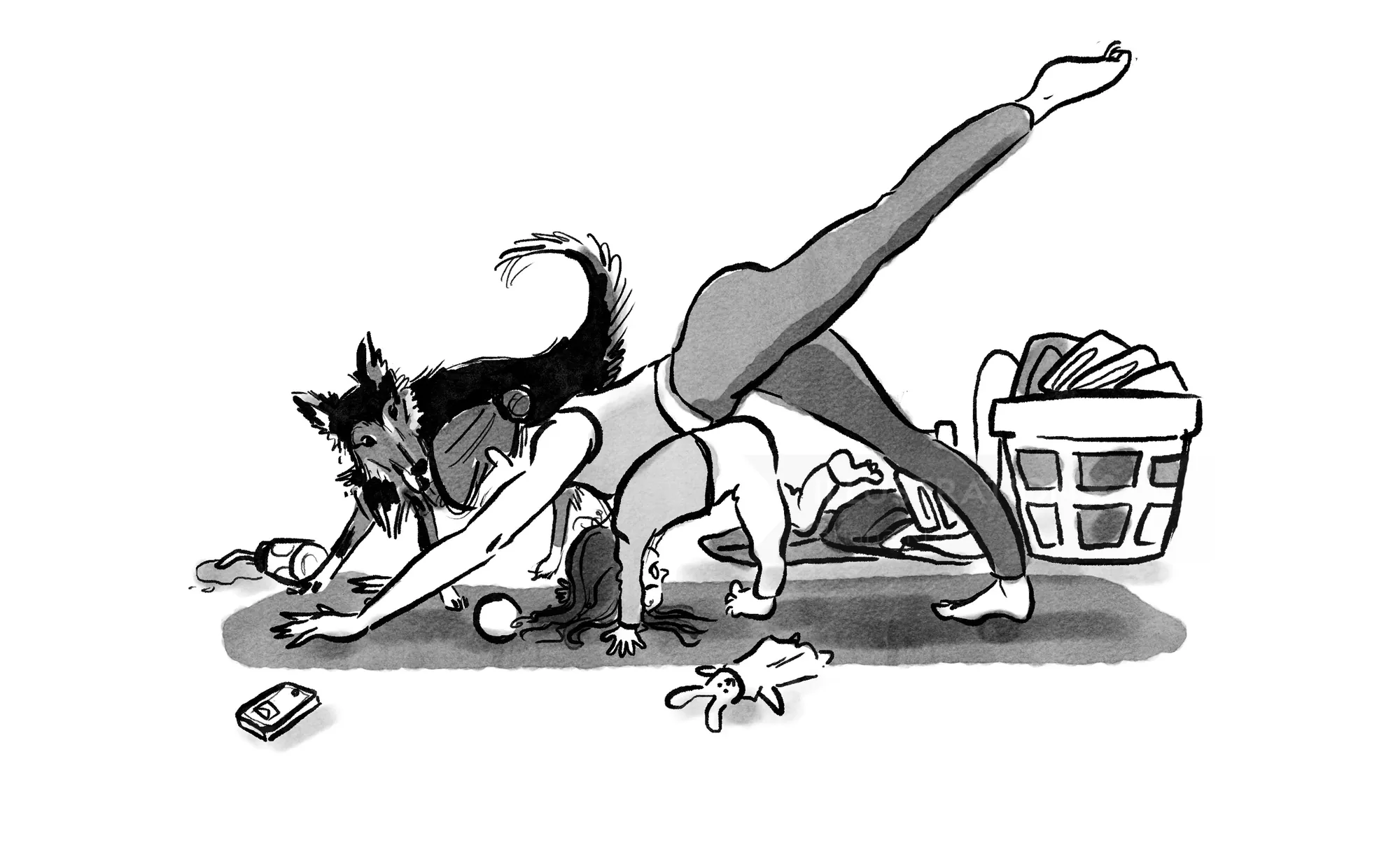 Mujer estirándose en postura de yoga con dos perros y una cesta de ropa sucia por Briana Kranz