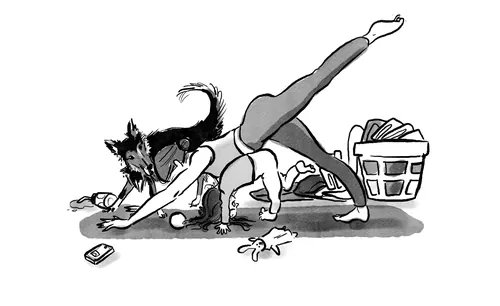Woman stretching in yoga pose with two dogs and laundry basket by Briana Kranz