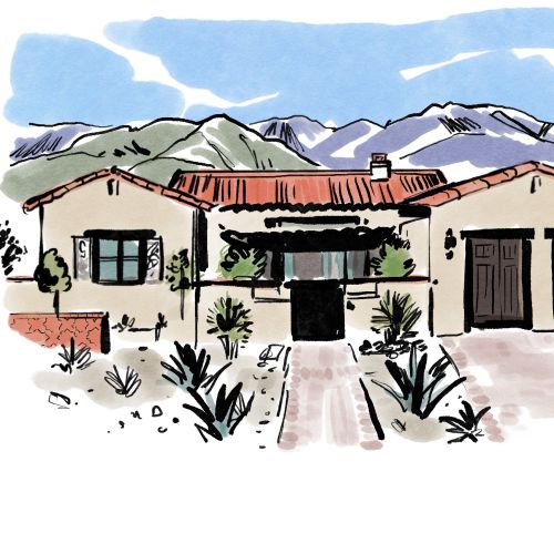 Watercolor of southwestern style house with mountain backdrop by Briana Kranz