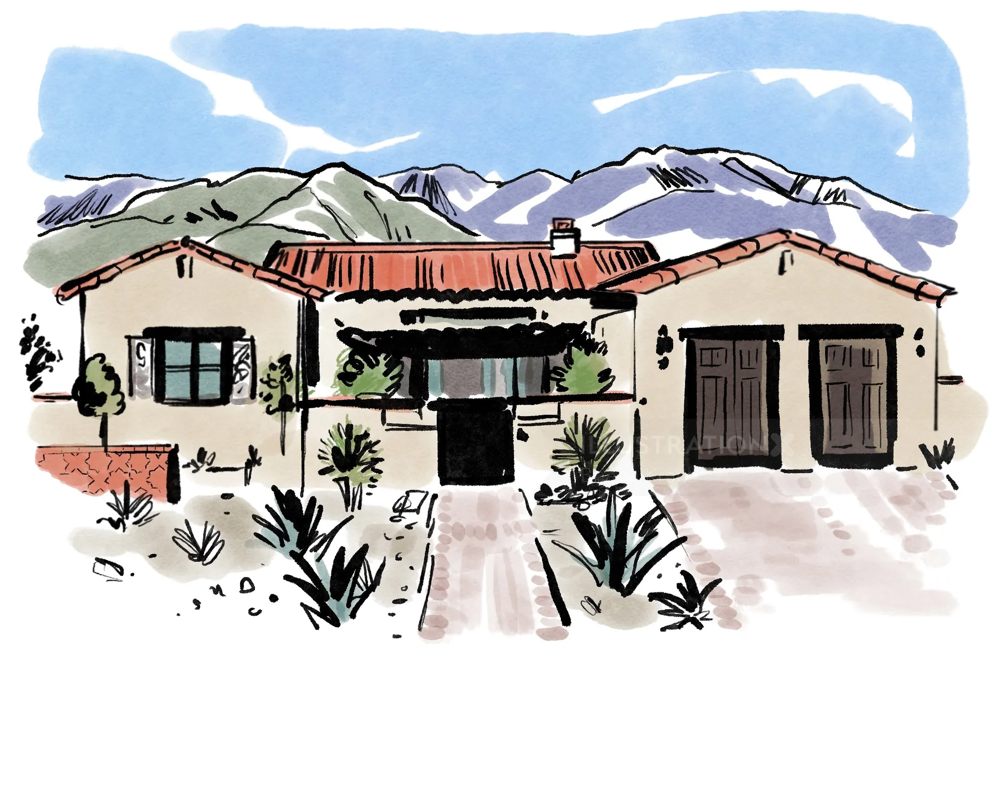 Watercolor of southwestern style house with mountain backdrop by Briana Kranz