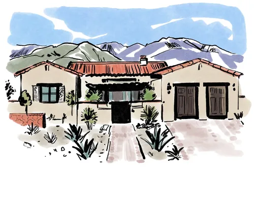 Watercolor of southwestern style house with mountain backdrop by Briana Kranz