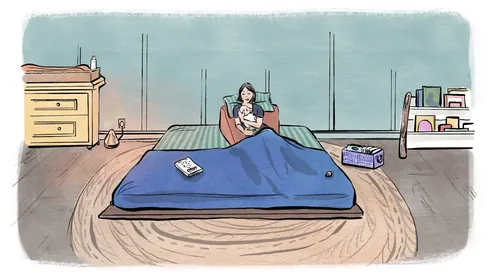 Woman sitting in bed reading a book by Briana Kranz