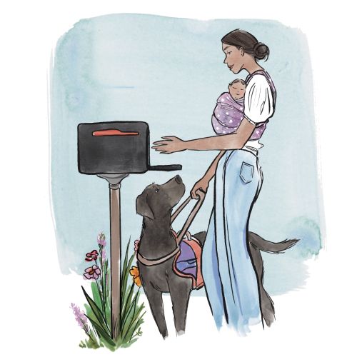 Illustration of woman carrying baby and guide dog by mailbox by Briana Kranz