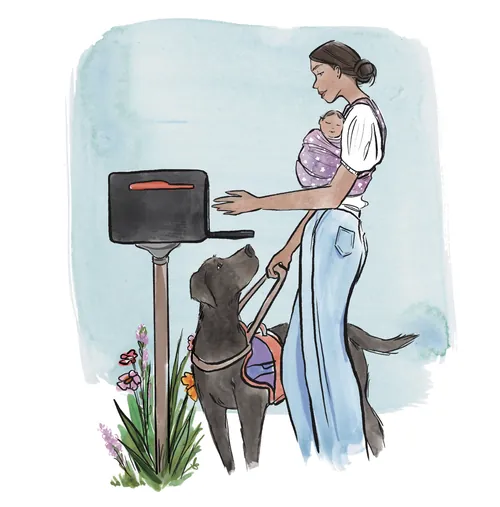 Illustration of woman carrying baby and guide dog by mailbox by Briana Kranz