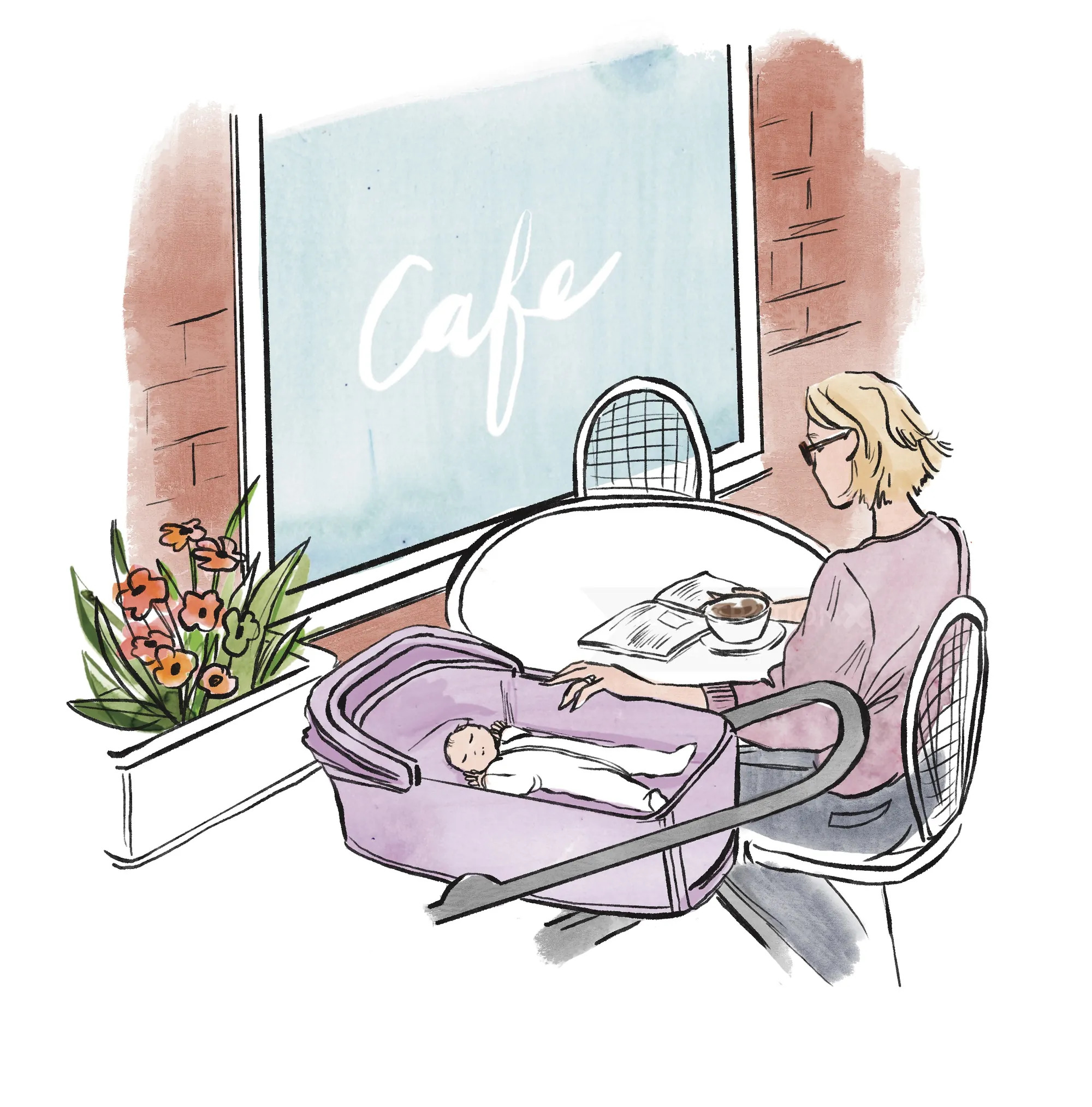 Woman sitting at a cafe table with baby in a bassinet by her side by Briana Kranz