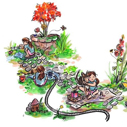 Whimsical garden scene with two children, illustrated by Briana Kranz