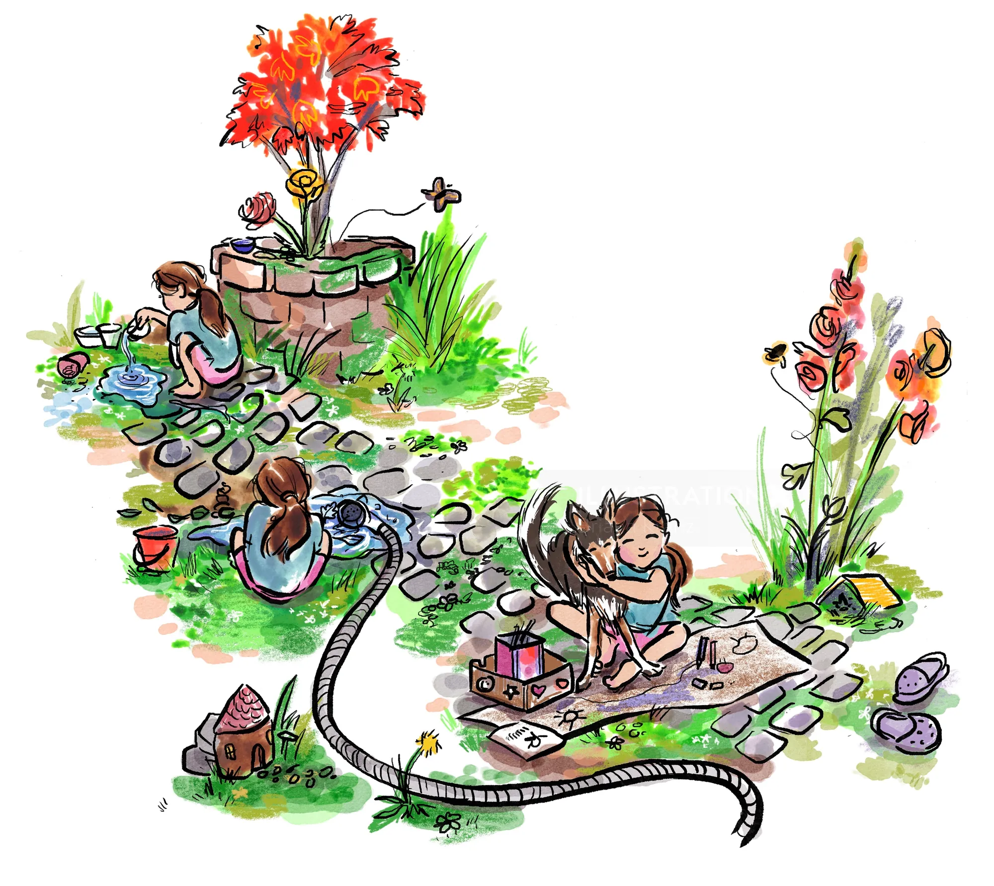 Whimsical garden scene with two children, illustrated by Briana Kranz