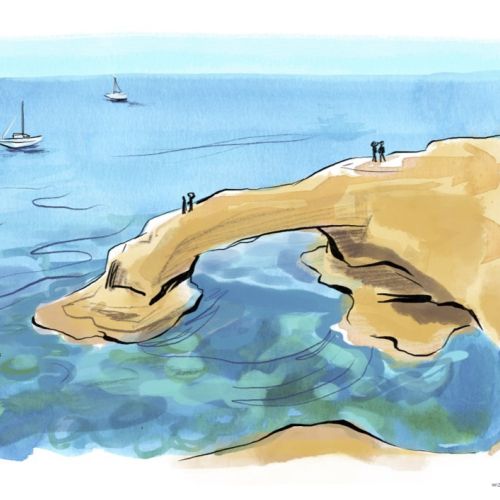 Briana Kranz watercolor illustration of a rocky coast with boats and Salt of the Earth text