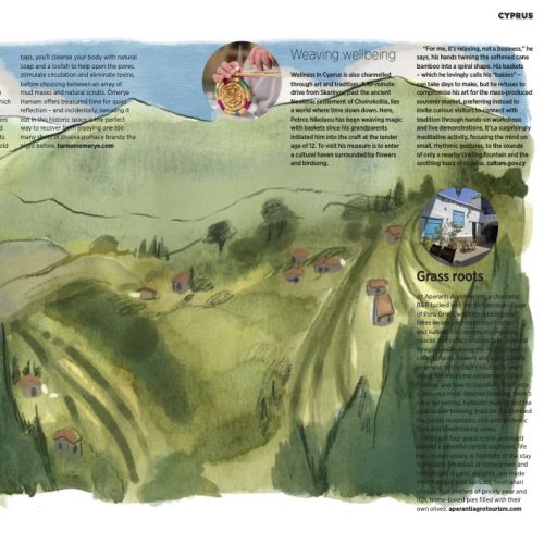 Illustrated landscape guide spread by Briana Kranz with wildlife, villages, and text panels.