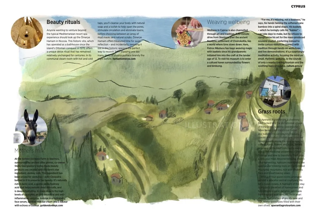 Illustrierter Landschaftsführer, Doppelseite von Briana Kranz, mit Darstellungen von Wildtieren, Dörfern und Texttafeln.