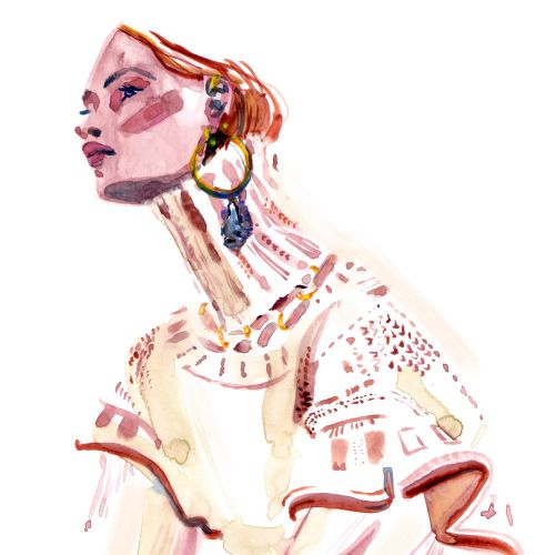 Watercolour painting of woman wearing fashion jewellery