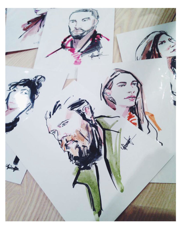 A group of portrait drawings